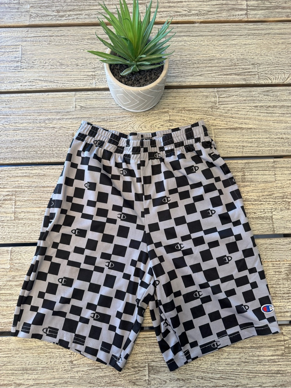 Champion Boys' Black & Gray Checkered Athletic Shorts, Sz Medium